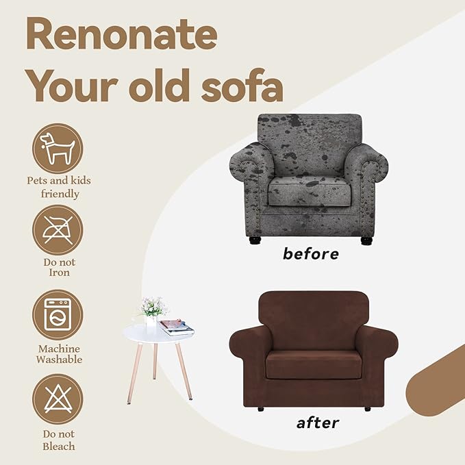 WEERRW Velvet Stretch Chair Sofa Slipcover - 2 Pieces Luxury Soft Velvet Plush Couch Cover Furniture Protector with Elastic Bottom for Pets, Machine Washable, Chocolate, Small
