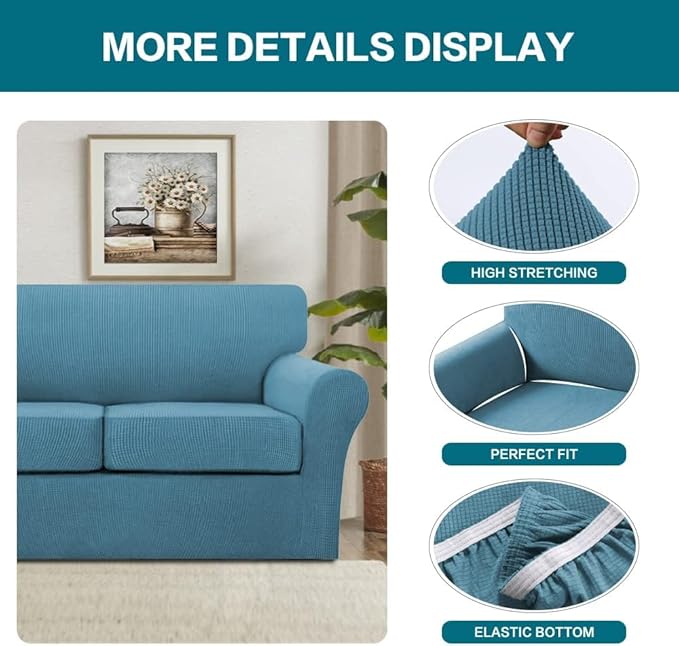Turquoize 4 Piece Sofa Covers for 3 Cushion Couch Sofa Slipcover Soft Couch Cover for Dogs Washable Furniture Cover with 3 Individual Large Cushion Covers Feature Fabric (Large Sofa, Storm Blue)