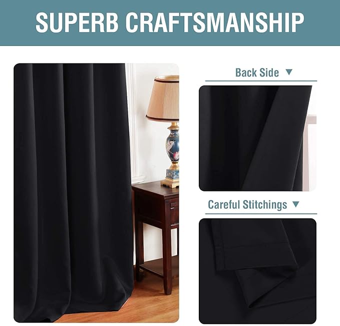 H.VERSAILTEX Blackout Curtain for Living Room Small Window Kitchen Blackout Curtains 45 inch Length Energy Saving Solid Grommet Blackout Drape, One Panel, Jet Black, 52" W x 45" L