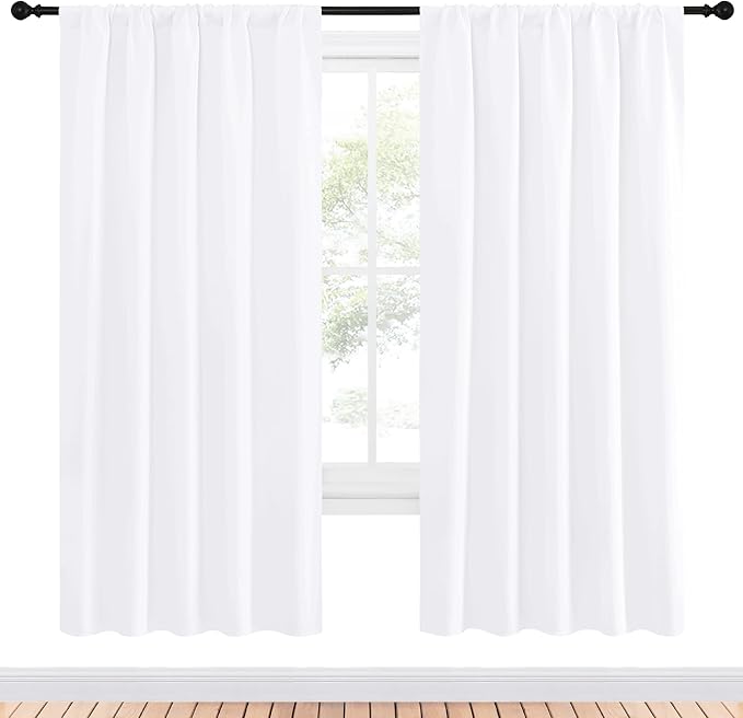 NICETOWN 50% Light Blocking Kitchen Curtains - Window Treatment Rod Pocket Curtains/Drapes for Bedroom (2 Panels, 52 by 72, White)