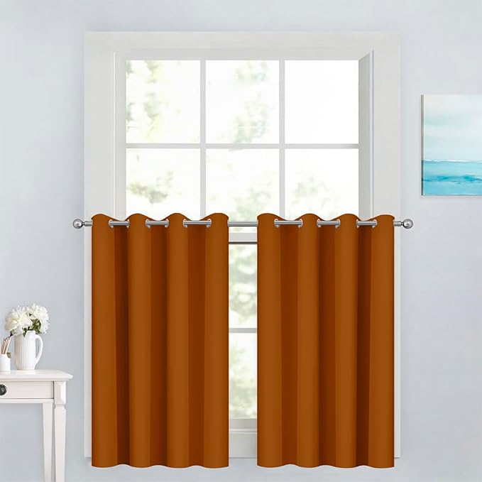 Yakamok 36 Inch Curtains Blackout Window Curtains for Kitchen, Grommet Room Darkening Thermal Insulated Sunlight Block Drapes for Living Room, W 52 x L 36, Burnt Orange, 2 Panels