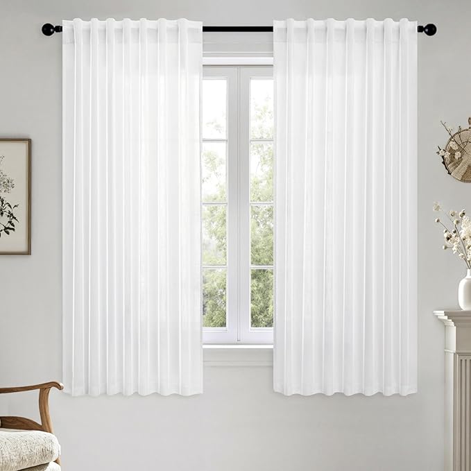 MIULEE White Linen Curtains Short 63 Inch Long 2 Panels for Kitchen Bedroom, Soft Thick Linen Textured Window Drapes Semi Sheer Light Filtering Back Tab Rod Pocket Burlap Look Decor