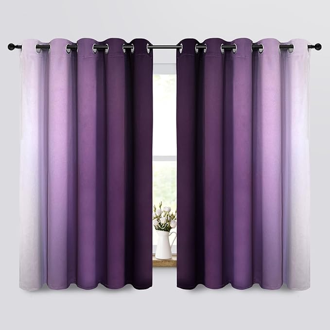 Yakamok Thermal Insulated Ombre Curtains 63 Inch Length 2 Panels, Greyish White and Purple Light Blocking Gradient Color Curtains, Room Darkening Grommet Window Drapes for Bedroom