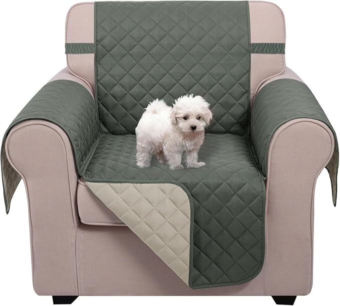 U-NICE HOME Reversible Oversized Chair Covers Quilted Water Repellent Pet Protectors with Elastic Straps(28''Armchair, Grey/Beige)