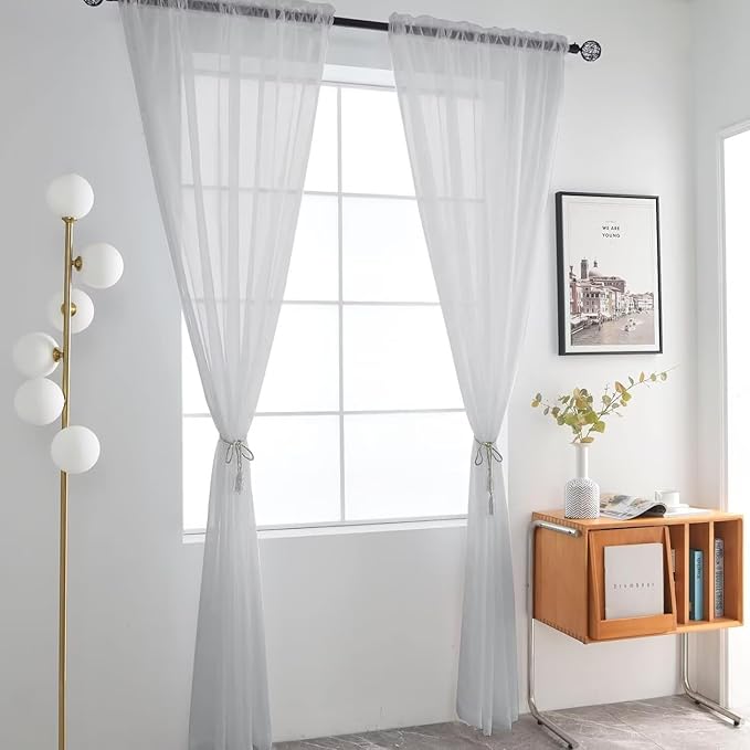 SpaceDresser Basic Rod Pocket Sheer Voile Window Curtain Panels Silver Grey 1 Pair 2 Panels 52 Width 54 Inch Long for Kitchen Bedroom Children Living Room Yard（Silver Grey, 52W x 54L）