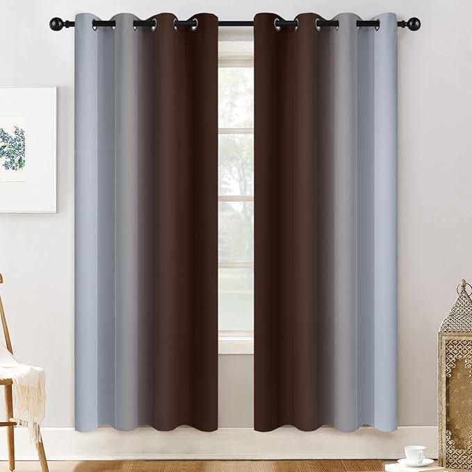 Yakamok Room Darkening Thickening Polyester Gradient Color Ombre Curtains with Grommet, Thermal Insulated Window Drapes for Living Room/Bedroom (Brown and Greyish White, 2 Panels, 52x72 Inch)
