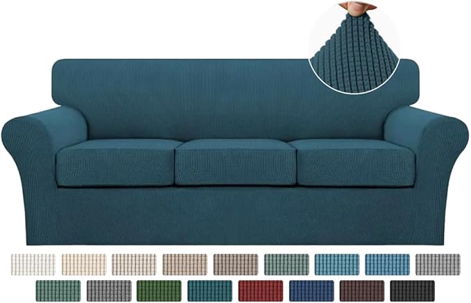 Turquoize 4 Piece Sofa Covers for 3 Cushion Couch Sofa Slipcover Soft Couch Cover for Dogs-Washable Sofa Furniture Covers with 3 Individual Cushion Covers, Jacquard Fabric (3 Cushion Sofa, Deep Teal)