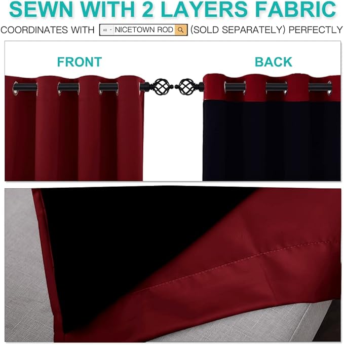 NICETOWN Kitchen Full Blackout Curtain Panels, Super Thick and Soft Insulated Window Covers, 100% Blackout Draperies with Black Backing for Cafe Window (Burgundy Red, Set of 2 PCs, 52 by 45-inch)