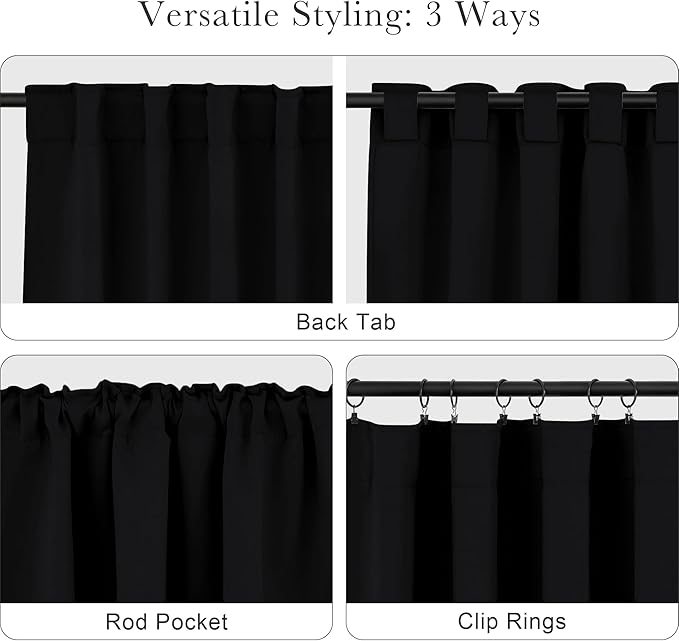 PONY DANCE Black Short Curtains for Bathroom Window, Half Drapes for Kitchen Window, loft Thermal Insulated Curtain Tiers for Bedroom/Basement, Width 29 x Length 30 inches, Black, 2 Pieces