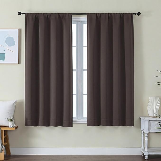 Simplebrand Ava Chocolate Short Blackout Curtains for Bedroom 54 Inches Long 2 Panels Set, Solid Thermal Insulated, Energy Saving Window Treatment Curtains Blackout Drapes, W40 x L54 Inch, Chocolate