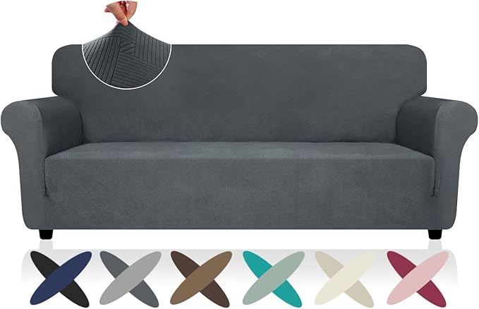 ZNSAYOTX Super Stretch Couch Cover (72"-92"), New Striped Sofa Covers Fitted Slipcovers with Elastic Bottom, Dog Cat Pets Proof Spandex Fabric Comfortable & Durable (Dark Grey, Sofa)