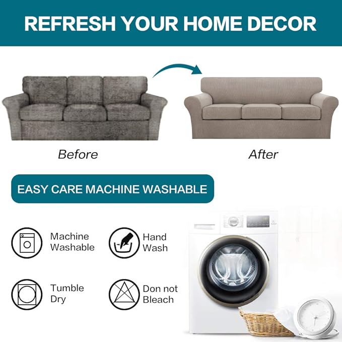 Turquoize 4 Piece Sofa Covers for 3 Cushion Couch Sofa Slipcover Soft Couch Cover for Dogs-Washable Sofa Furniture Covers with 3 Individual Large Cushion Covers, Feature Thick Fabric (XL Sofa, Taupe)