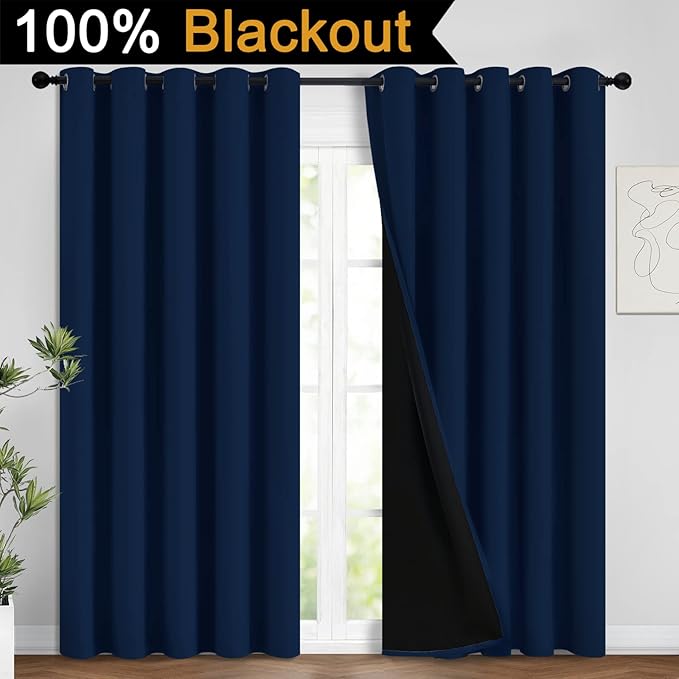 Yakamok Navy Blue 100% Blackout Curtains Energy Saving Thermal Insulated 2 Thick Layers Completely Blackout Drapes with Black Liner for Bedroom (62Wx96L, Navy Blue, 2 Panels)