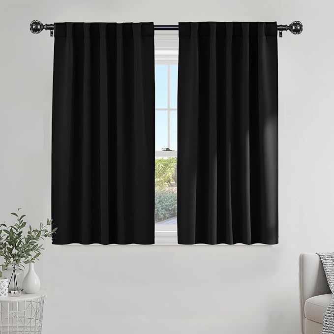 PONY DANCE Short Blackout Curtains 54 Inches Long, Black Blackout Drapes for Kitchen, Room Darkening Curtains for Bathroom, 34x54 Inch, Black, 2 Panels