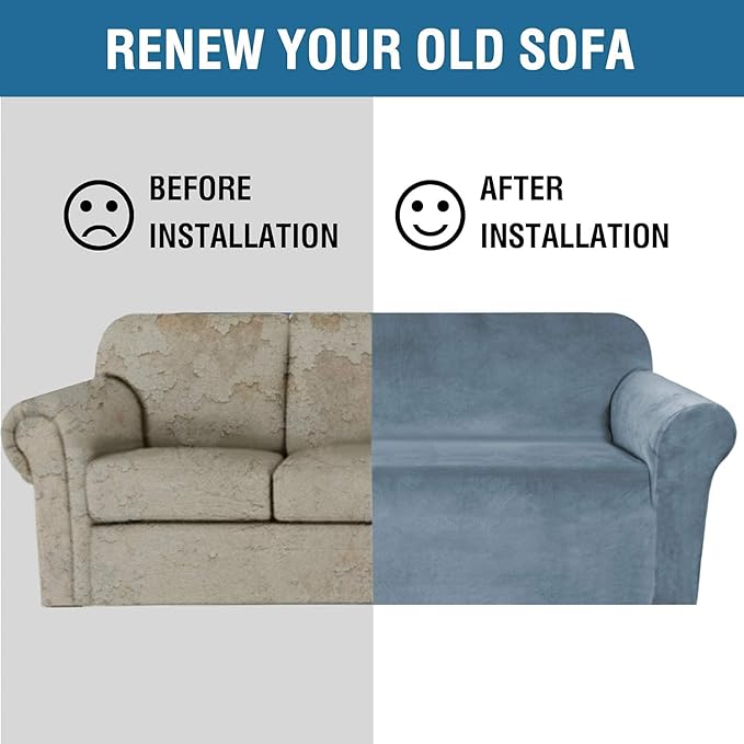 H.VERSAILTEX Stretch Velvet Loveseat Covers for 2 Cushion Couch Covers for Living Room Sofa Covers Slipcovers with Non Slip Straps Bottom, Ultra Thick Comfy Velour (Width 58"-72", Stone Blue)