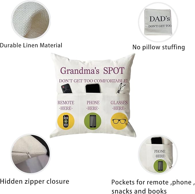ONFAON Grandma Gifts, Grandma's Spot Throw Pillow Covers 18x18 Inch,Put Phone Glasses and Remote Control Pillowcase,Birthday Christmas Thanksgiving Day Gifts for Grandma Mom,3-Pocket
