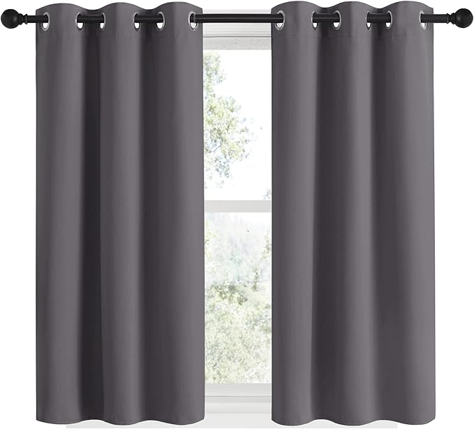 NICETOWN Grey Blackout Curtain Panels 48 inch Long Set of 2 for Bedroom, Thermal Insulated Grommet Top Light Blocking Draperies and Drapes for Basement (W34)
