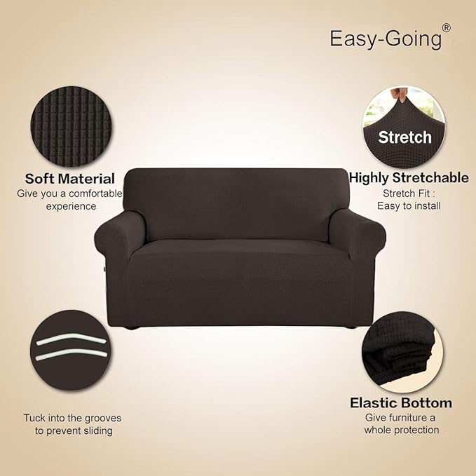 Easy-Going Stretch Loveseat Slipcover 1-Piece Sofa Cover Furniture Protector Couch Soft with Elastic Bottom for Kids Polyester Spandex Jacquard Fabric Small Checks (Loveseat, Chocolate)
