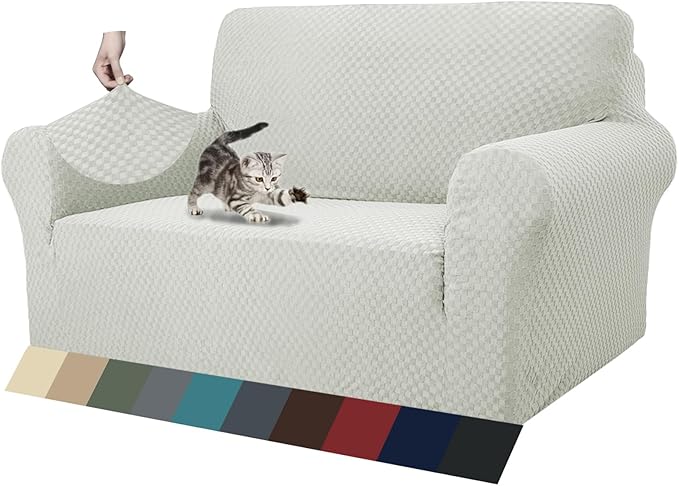 ZNSAYOTX 1 Piece Jacquard Couch Covers for 2 Cushion Couch High Stretch Loveseat Slipcover for Pets Dogs Anti Slip Love Seat Sofa Slipcover Furniture Protector (Medium, Ivory)