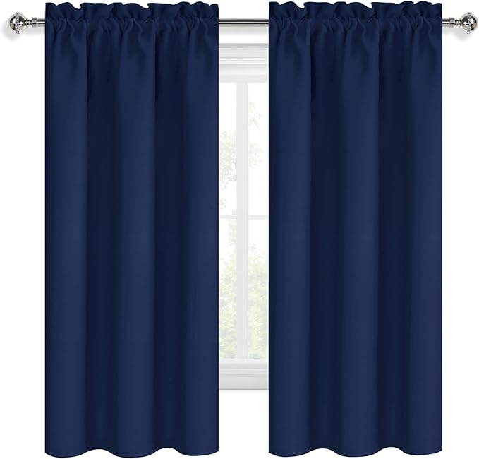 DWCN Kitchen Curtains for Small Windows 45 inch Long 2 Panels Set, Navy Blackout Room Darkening Short Drapes for Bedroom, Rod Pocket Thermal Insulated Window Treatment (W38 x L45 Inch, Navy Blue)