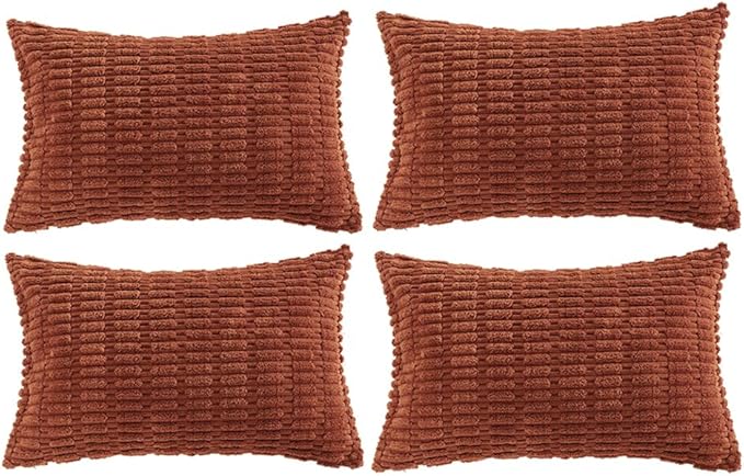 Fancy Homi 4 Packs Rust Decorative Throw Pillow Covers 12x20 Inch for Living Room Couch Bed Sofa, Terracotta Rustic Farmhouse Boho Home Decor, Soft Plush Striped Corduroy Square Cushion Case 30x50 cm