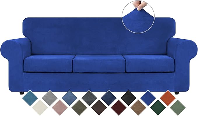 WEERRW 4 Pieces High Stretch Couch Covers for 3 Cushion Couch Sofa Slipcovers, Washable Furniture Protector with Non Slip Elastic Bottom, Feature Soft and Thick Plush Fabric, Royal Blue, Large