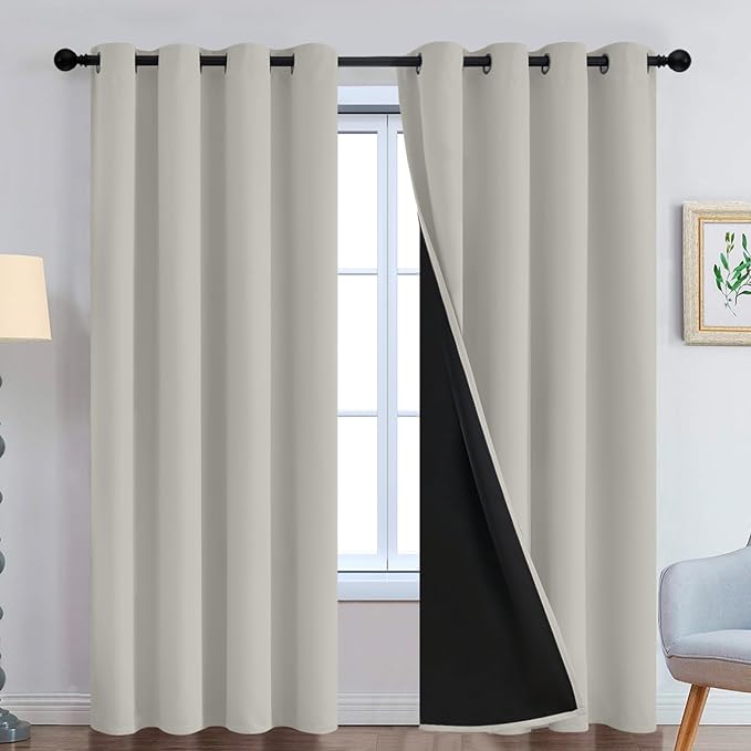 Yakamok Cream Beige 100% Blackout Curtains, Thermal Insulated Total Blackout Drapes for Bedroom, Heat Blocking Window Curtains for Living Room(52Wx96L, 2 Panels)