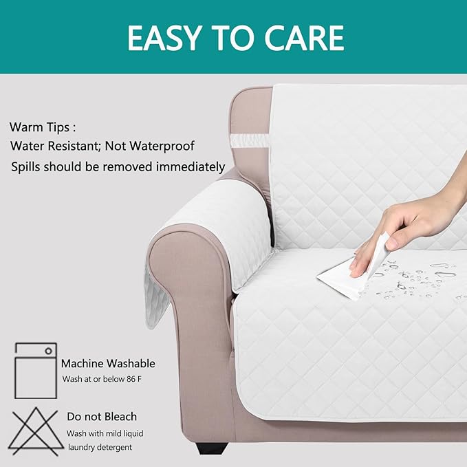 U-NICE HOME Reversible Oversized Chair Covers Quilted Water Repellent Pet Protectors with Elastic Straps(28''Armchair, White/White)