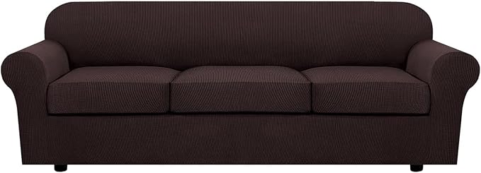 H.VERSAILTEX 4 Piece Stretch Sofa Covers for 3 Cushion Couch Covers for Living Room Furniture Slipcovers (Base Cover Plus 3 Seat Cushion Covers) Thicker Jacquard Fabric (Large Sofa, Chocolate)