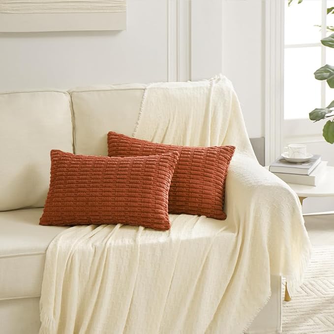 Fancy Homi 4 Packs Boho Burnt Orange Fall Decorative Throw Pillow Covers 14x24 Inch for Couch Bed Sofa, Rustic Modern Farmhouse Home Decor, Soft Plush Corduroy Cute Square Cushion Case 35x60 cm