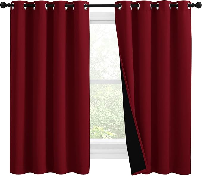 NICETOWN Kitchen Full Blackout Curtain Panels, Super Thick and Soft Insulated Window Covers, 100% Blackout Draperies with Black Backing for Cafe Window (Burgundy Red, Set of 2 PCs, 55 by 57-inch)