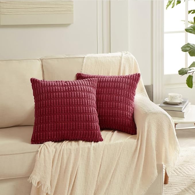 Fancy Homi 4 Packs Burgundy Decorative Throw Pillow Covers 26x26 Inch for Living Room Couch Bed, Holiday Christmas Home Decor Gift, Soft Plush Corduroy Cute Square Accent Cushion Case 66x66 cm