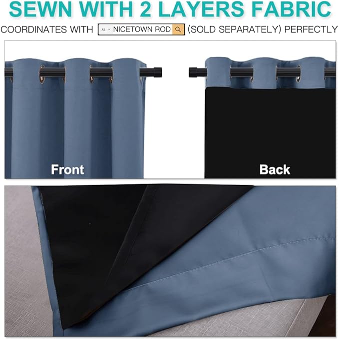 NICETOWN 100% Blackout Curtains with Black Liners, Thermal Insulated Full Blackout 2-Layer Lined Drapes, Energy Efficiency Window Draperies for Bedroom (Stone Blue, 2 Panels, 52-inch W by 63-inch L)