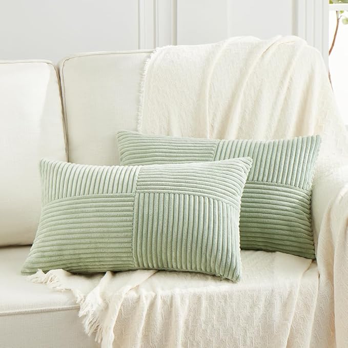 Fancy Homi 2 Packs Sage Green Lumbar Decorative Throw Pillow Covers 16x32 Inch for Living Room Couch Bed, Rustic Farmhouse Boho Home Decor, Soft Striped Corduroy Rectangle Accent Cushion Case 40x80 cm