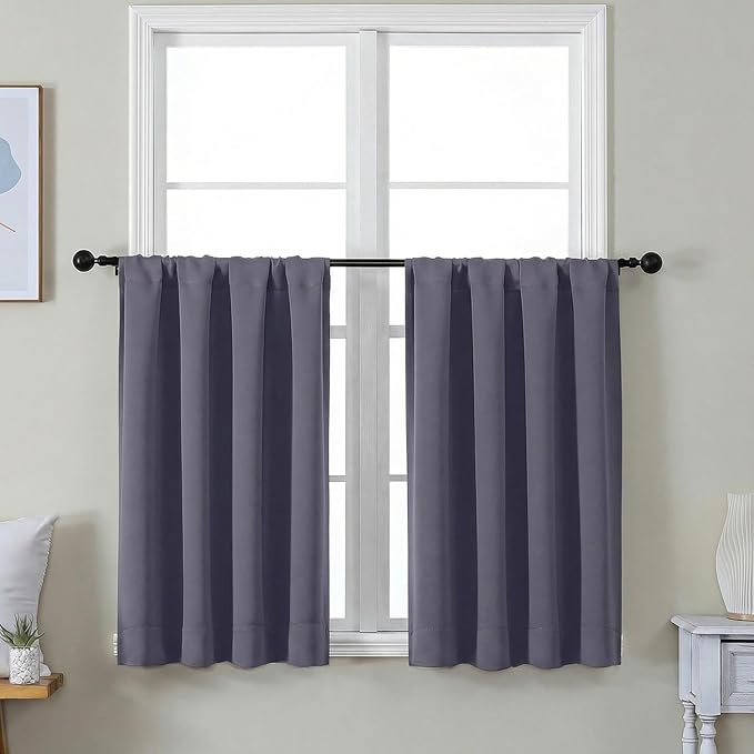 Simplebrand Ava Greyish Purple Short 36 Inches Blackout Curtain 2 Panels Set, Half Window Rod Pocket Privacy Curtain Tiers for Kitchen, Curtains Blackout for Bathroom Shades, W40 x L36 Inch