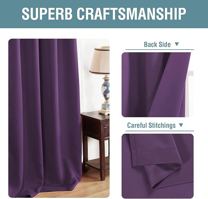 H.VERSAILTEX Blackout Curtain for Living Room Small Window Kitchen Blackout Curtains 45 inch Length Energy Saving Solid Grommet Blackout Drape, One Panel, Plum Purple, 52" W x 45" L