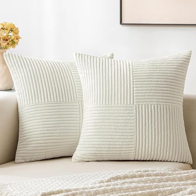 MIULEE White Decorative Throw Pillow Covers 18x18 Inch for Couch Bed Sofa Pack of 2 Boho Farmhouse Throw Pillows Soft Cross Corduroy Patchwork Textured Cushion Cases