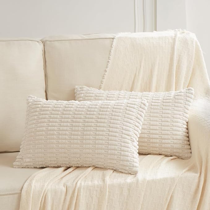 Fancy Homi 4 Packs Boho Cream Decorative Throw Pillow Covers 16x24 Inch for Living Room Couch Bed Sofa, Rustic Modern Farmhouse Home Decor, Soft Plush Corduroy Beige Cute Square Cushion Case 40x60 cm