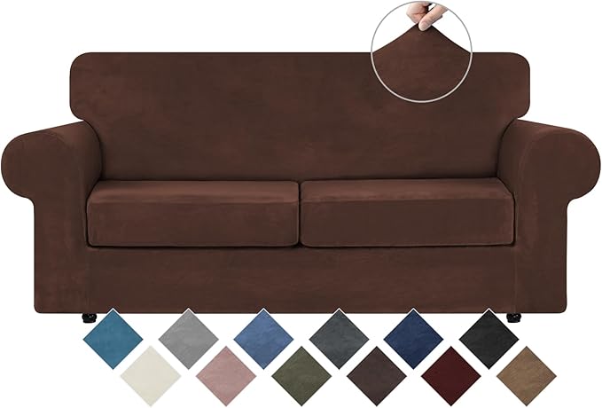 WEERRW Velvet Couch Covers for 2 Cushion Couch Sofa - High Stretch Luxury Velvet Plush 3 Pieces Sofa Slipcovers with Elastic Bottom, Furniture Protector for Pets, Machine Washable, Chocolate, Medium