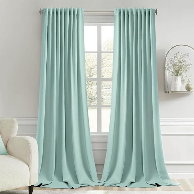 MIULEE Aqua Back Tab Blackout Curtains 108 Inch Long 2 Panels Set for Bedroom, Rod Pocket/Pinch Pleat Extra Long Thermal Insulated Living Room Darkening Pleated Light Blocking Drapes
