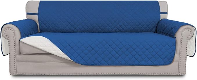 Easy-Going 4 Seater Sofa Slipcover Reversible Sofa Cover Water Resistant Couch Cover with Foam Sticks Elastic Straps Furniture Protector for Pets Children Dog Cat (XX-Large, Blue/Ivory)