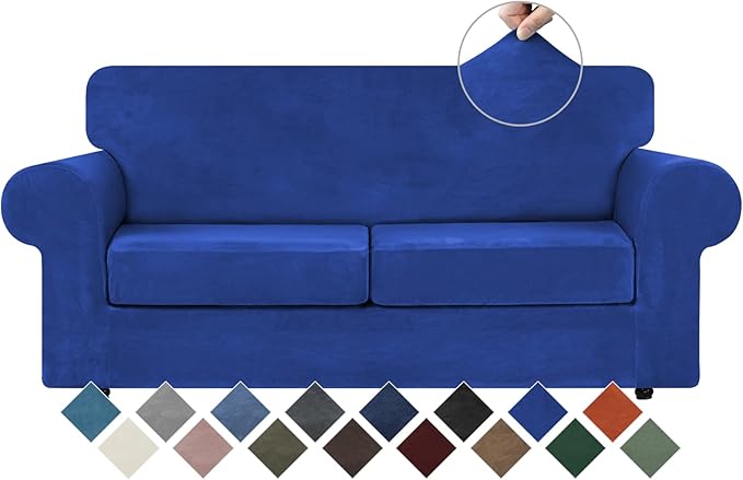 WEERRW Velvet Couch Covers for 2 Cushion Couch Sofa - High Stretch Luxury Velvet Plush 3 Pieces Sofa Slipcovers with Elastic Bottom, Furniture Protector for Pets, Machine Washable, Royal Blue, Medium