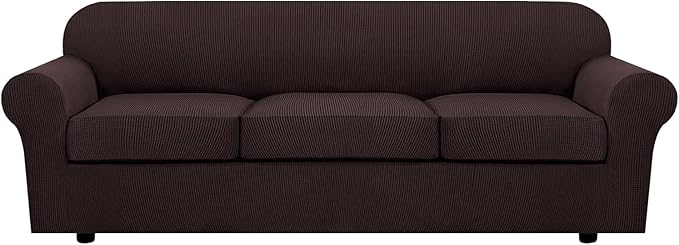 H.VERSAILTEX 4 Piece Stretch Sofa Covers for 3 Cushion Couch Covers for Living Room Furniture Slipcovers (Base Cover Plus 3 Seat Cushion Covers) Upgraded Thicker Jacquard Fabric (XL Sofa, Chocolate)