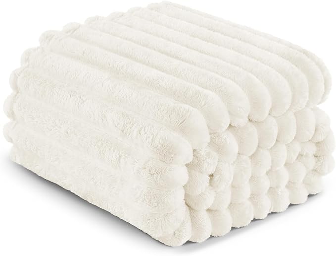 Exclusivo Mezcla Fleece Throw Blanket for Couch, Super Soft Striped Jacquard Bed Blanket, Lightweight Fuzzy Cozy for All Seasons, 50x60 Inches, Ivory