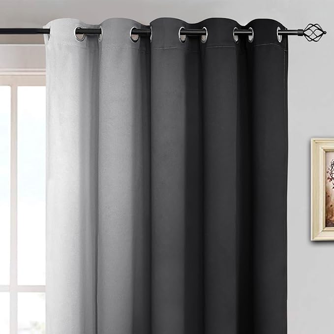 Yakamok Room Darkening Ombre Curtains 63 Inch Length, Black and Greyish White Thermal Insulated Gradient Color Curtains,Light Blocking Grommet Window Drapes for Bedroom,62 Inch Width,2 Panels