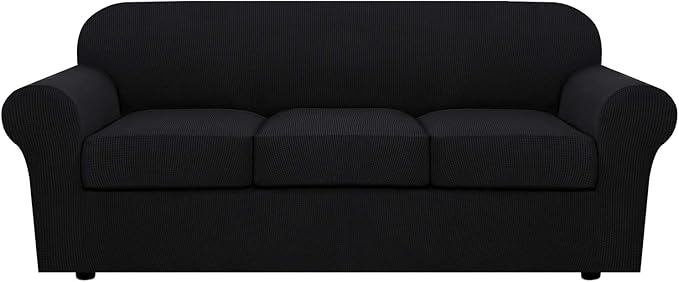 H.VERSAILTEX 4 Piece Stretch Sofa Covers for 3 Cushion Couch Covers for Living Room Furniture Slipcovers (Base Cover Plus 3 Seat Cushion Covers) Upgraded Thicker Jacquard Fabric (Large, Black)