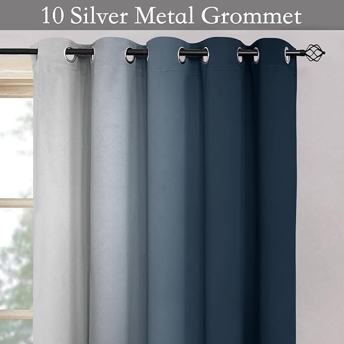 SimpleHome Ombre Room Darkening Curtains for Bedroom, Gradient Navy Blue to Grey White Light Blocking Thermal Insulated Grommet Window Curtains/Drapes for Living Room,2 Panels, 62x84 inches Length