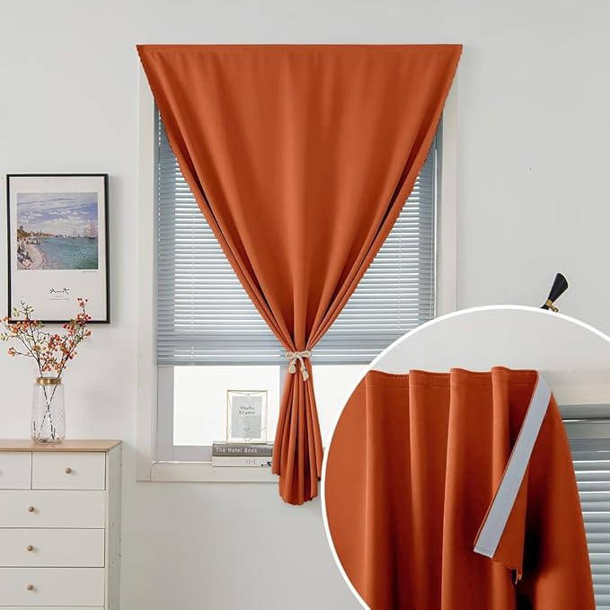 Self Adhesive Curtains Portable Blackout Curtain Simple and Easy to Install Bedroom Window Thermal Lnsulated Kitchen Room Darkening Black Small Drapes, 47" W X 79" L, Orange, 1 Panel