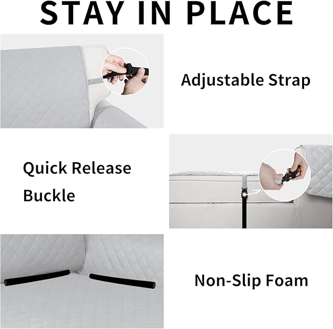 Easy-Going Reversible Chaise Lounge Couch Cover Water Resistant Sofa Cover Sectional L Shaped Sofa Slipcover with Adjustable Straps Furniture Protector for Dogs (115X34 in, Light Gray/Light Gray)