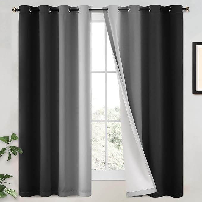 Yakamok 100% Blackout Curtains 63 Inch Length 2 Layers,Black Curtains for Bedroom Ombre Room Darkening Grommet Gradient Drapes,Light Blocking Thermal Insulated Window Curtains for Living Room